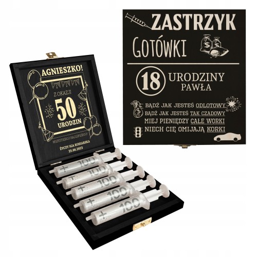 Zastrzyk gotówki prezent na urodziny pudełko i grawer 18 30 40 50 60