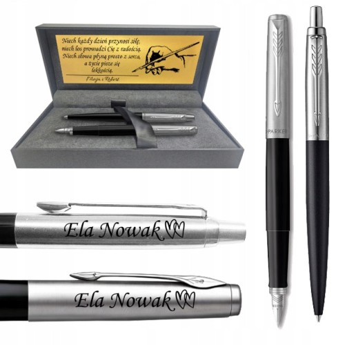 Parker Jotter czarne pióro i długopis z grawerem zestaw prezentowy etui