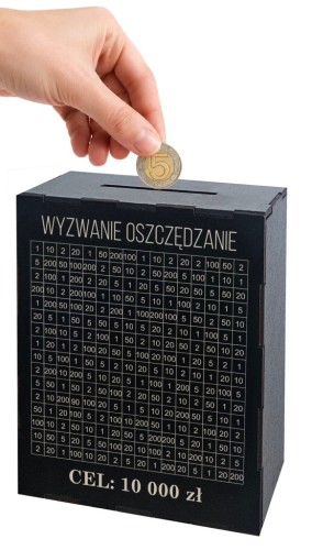 Skarbonka wykreślana czarna 10000 zł, wyzwanie oszczędzanie, prezent