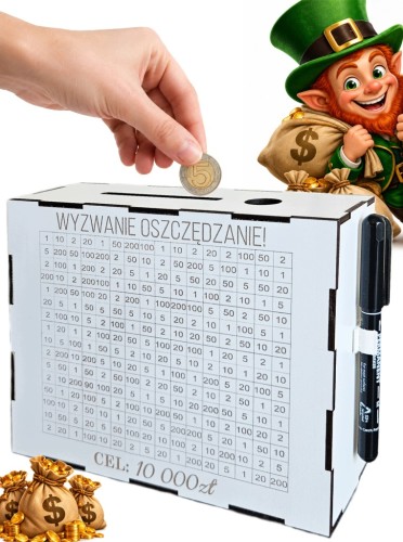 Skarbonka wyzwanie oszczędzanie wykreślana biała na prezent cel 10000 zł