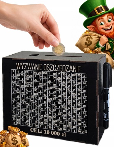 Skarbonka wykreślana wyzwanie oszczędzanie czarna na prezent cel 10000 zł