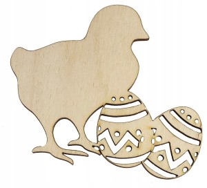 Drewniany kurczak Wielkanocny z pisankami dekoracja drewniana 