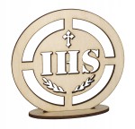 Drewniany IHS na podstawce Komunia, Chrzest podziękowanie IHS