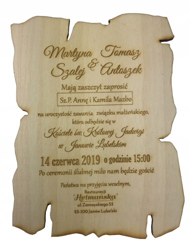 Zaproszenie dla gości i rodziców na ślub wesele grawer rustykalne