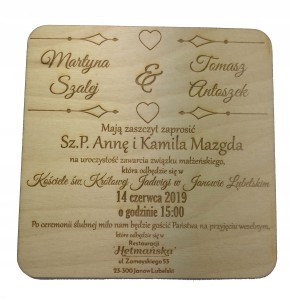 Ślubne drewniane zaproszenie dla rodziców gości gotowe grawer