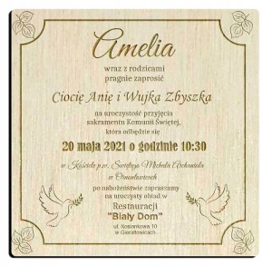 Zaproszenie na Komunie Świętą drewniane zaproszenie komunijne ihs