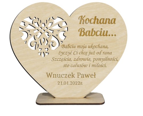 Serce drewniane na podstawce życzenia Dzień Babci