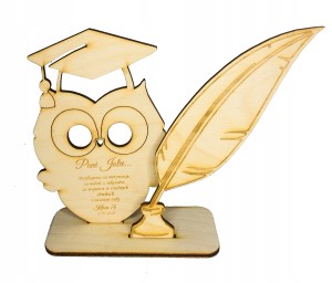 Drewniane podziękowanie na dzień nauczyciela sowa laurka stojąca