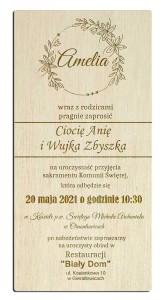 Zaproszenie Komunia Święta Drewniane zaproszenie komunijne IHS