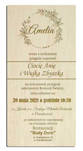 Zaproszenie Komunia Święta Drewniane zaproszenie komunijne IHS