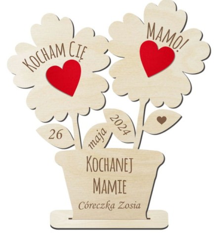 Upominek dla Mamy na Dzień Mamy, prezent kwiatek na podstawce +serca